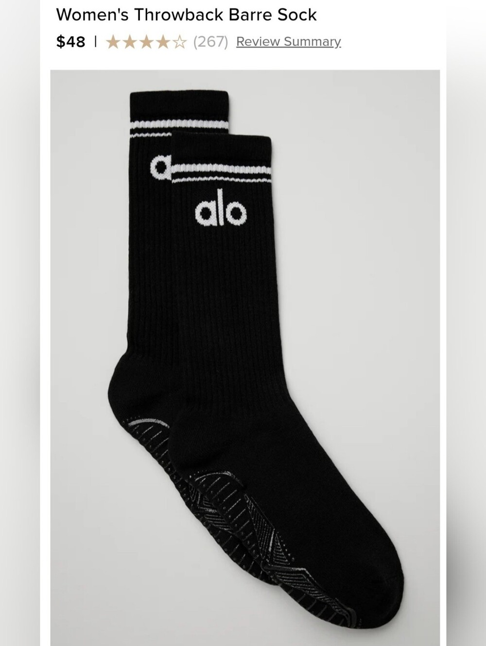 ALO Yoga Black Crew Grip Socks with White Logo